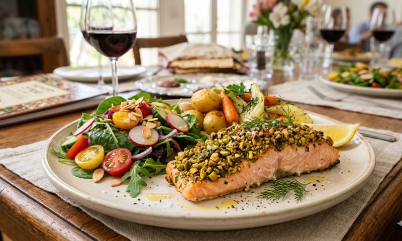 חגיגה ירוקה בצלחת לפסח: סלמון בציפוי פיסטוק, דבש וחרדל