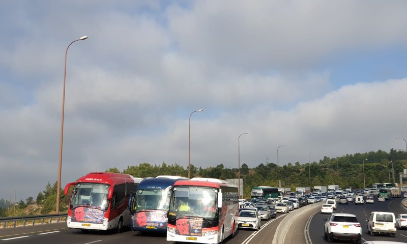 עשרות אוטובוסים חוסמים את כביש 1
