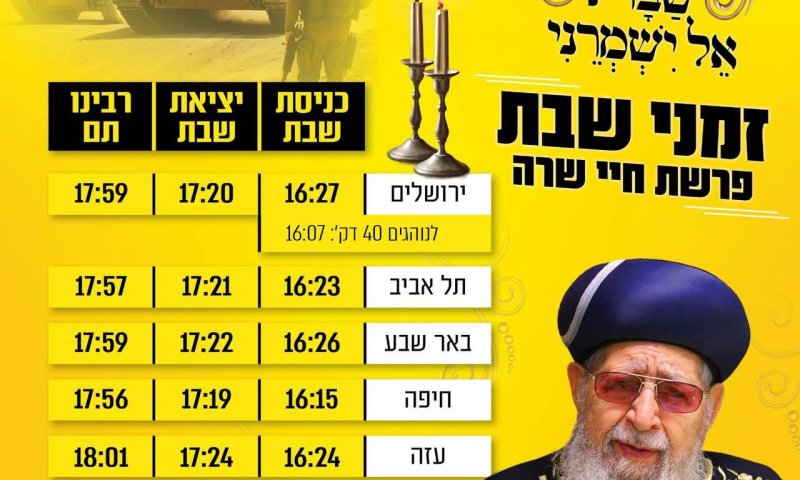 מפלגת ש"ס פרסמה: זמני כניסת ויציאת השבת בעזה