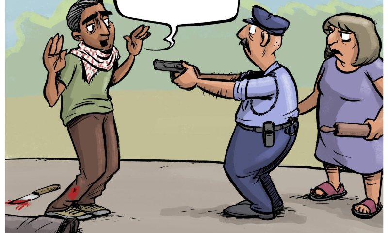 קריקטורה: קריאות לא לפגוע במחבל מנוטרל