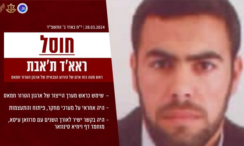 צה"ל: חיסלנו את בכיר חמאס ראא'ד ת'אבת