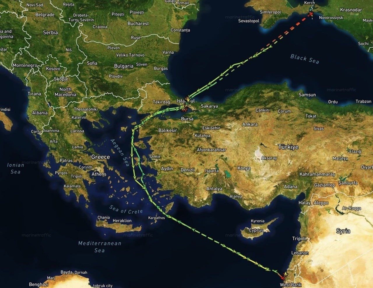 מסלול הספינה הרוסית על פי מעקבים ציבוריים